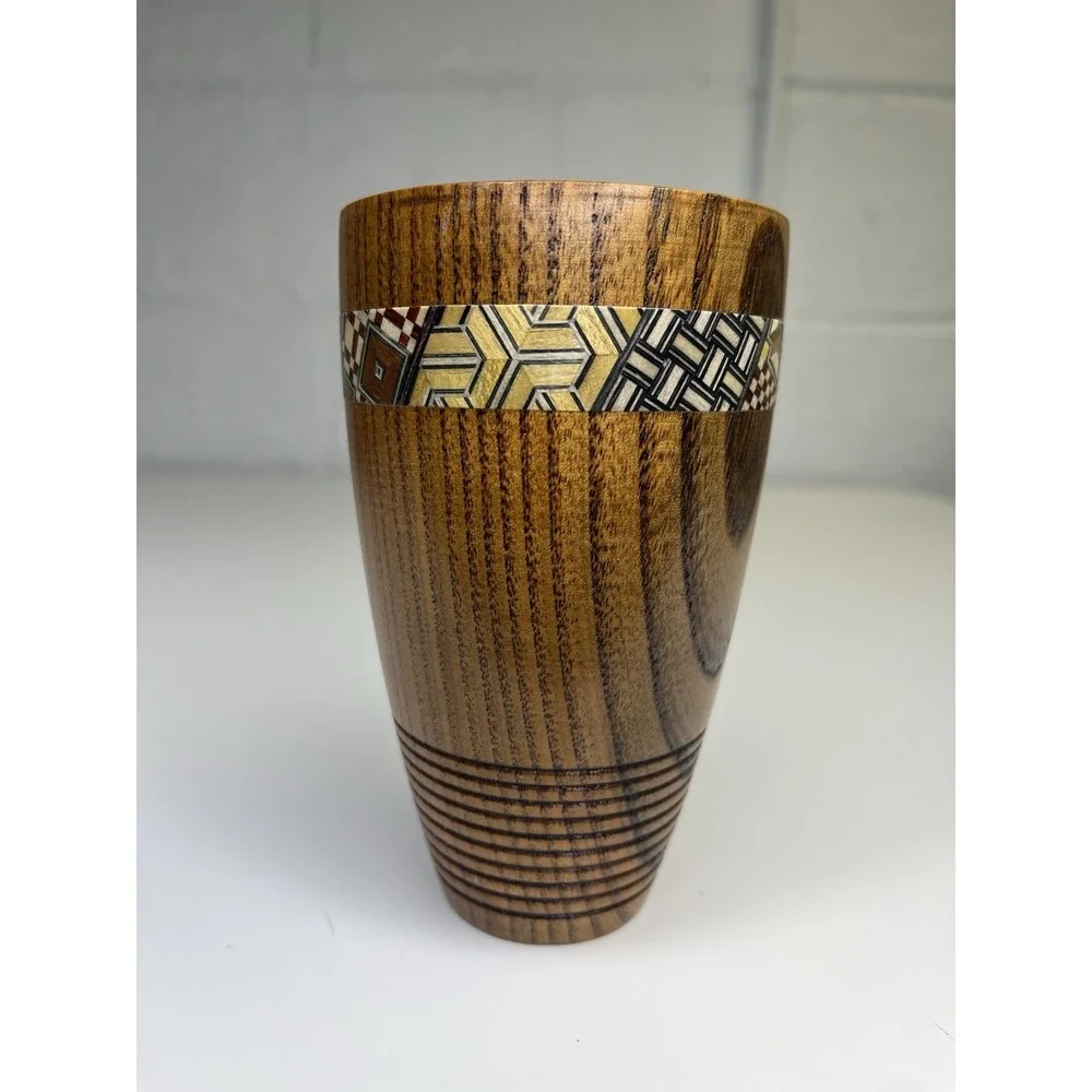 Yosegi Karakuri Gimmick Japanese Hakone Yosegi Cup Drink Wood Marquetry Inlaid‎